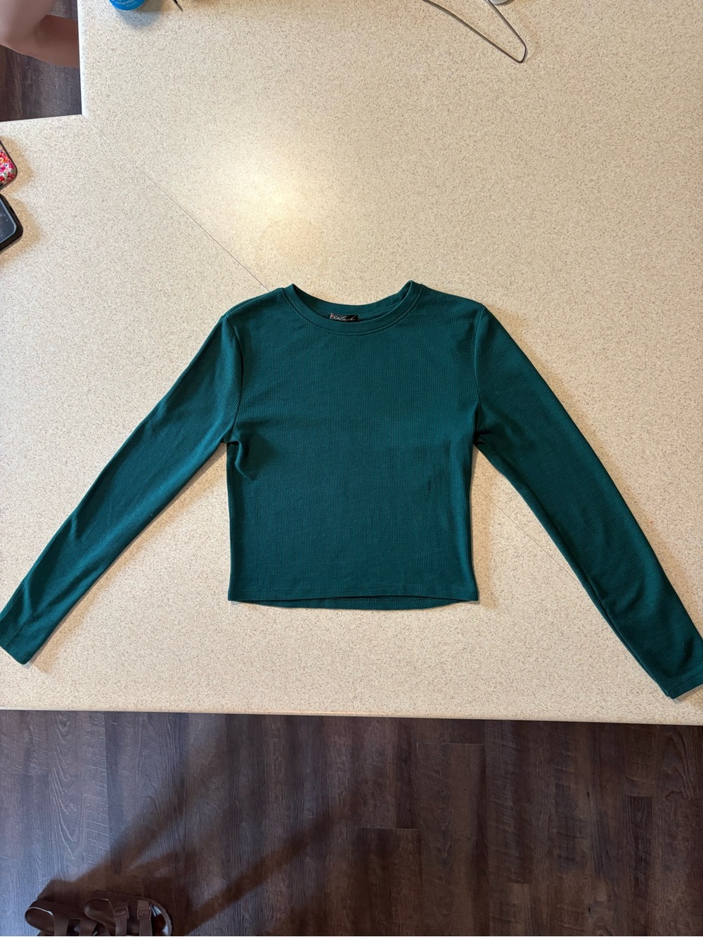 Splash Dark Green Long Sleeve Ribbed Cropped Crewneck Top
